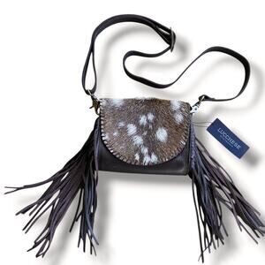 Lucchese Leather Deer Hide Flap Front Long Fringe Crossbody Bag Purse Festival